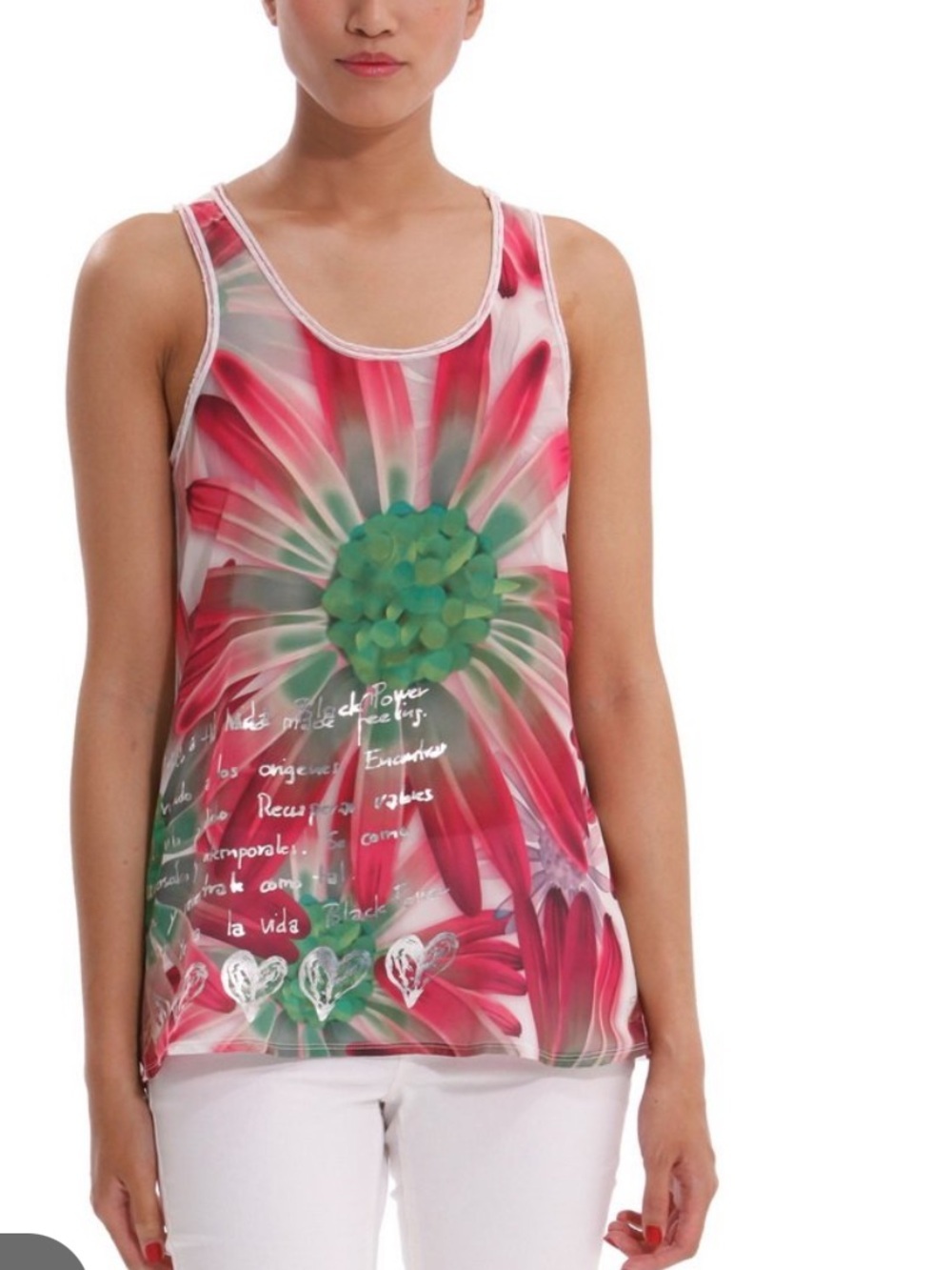 Desigual Pink & Green Floral Tie-Dye Tank Top “ sex fun love for everybody “ S